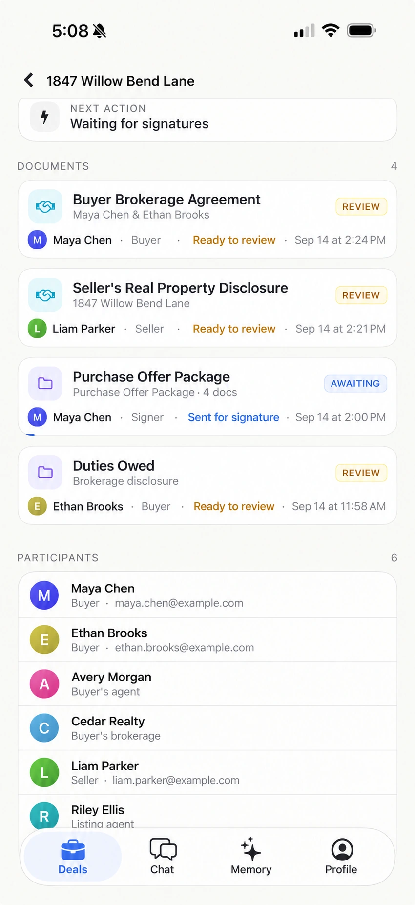 A sample deal in the Wit mobile app with fictional participants, documents ready for review, and an offer awaiting signatures.
